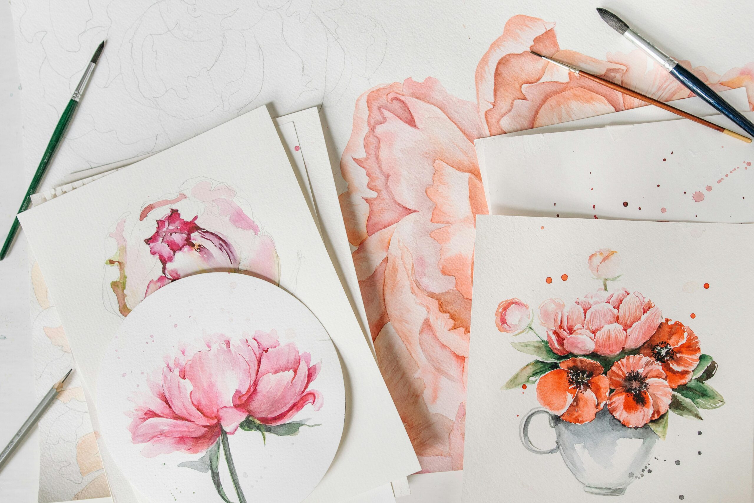 Creative watercolor flower paintings and sketches showcasing beautiful floral art on paper